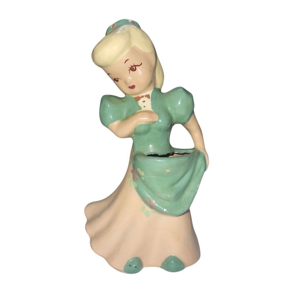 Vintage Blonde Girl Ceramic Bud Planter Figurine in Green Dress | 8 Inches Tall